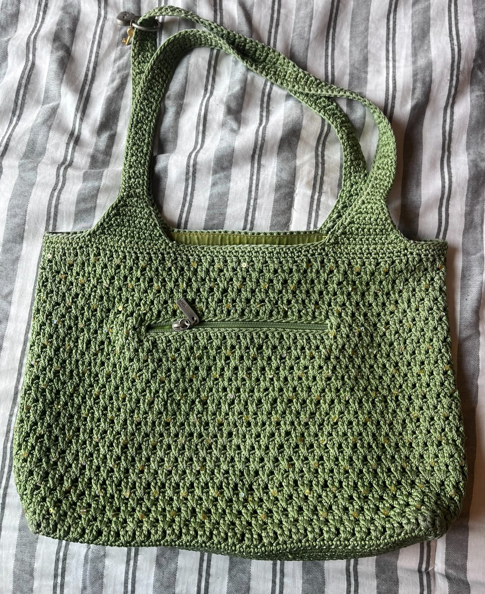 Sak Lime Green Sequin Shoulder bag pockets zip close Purse Boho Slouch Knit